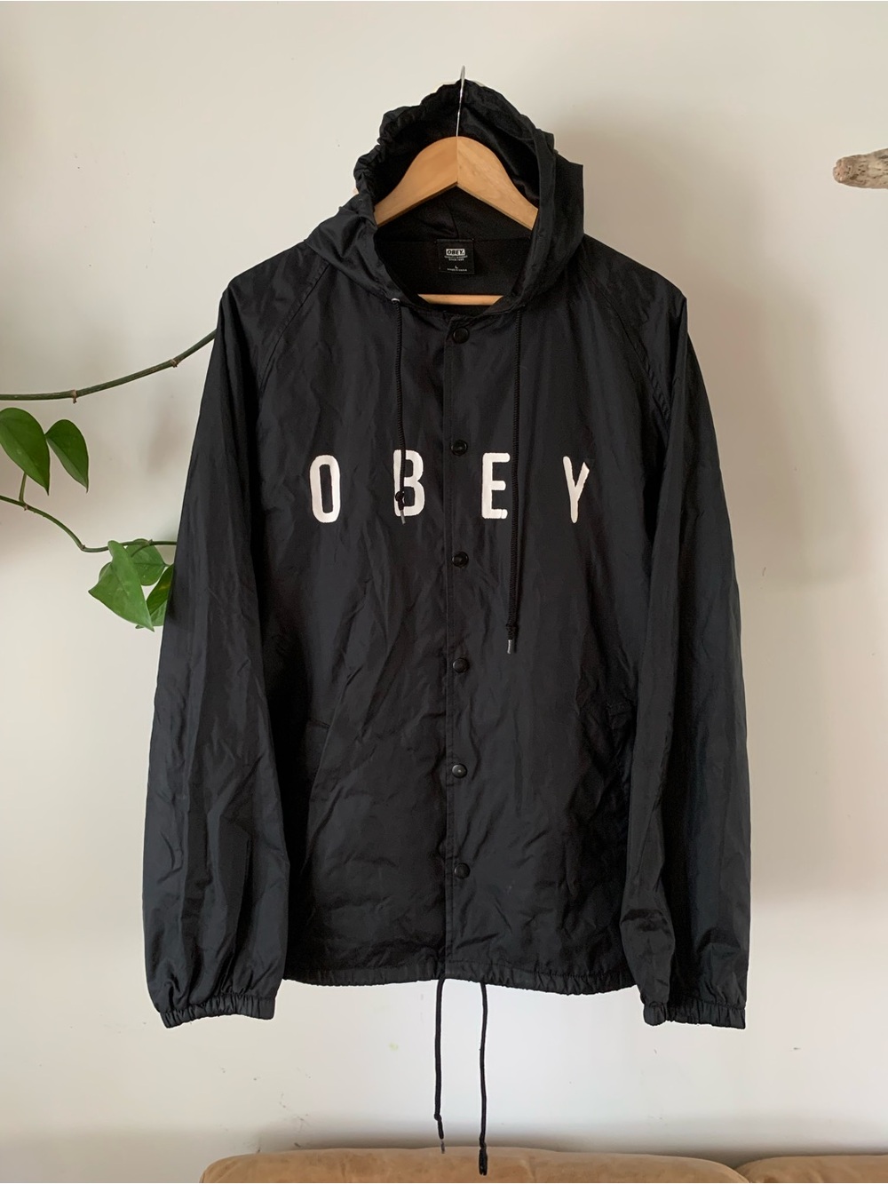 Obey Black Hooded Windbreaker With White Logo